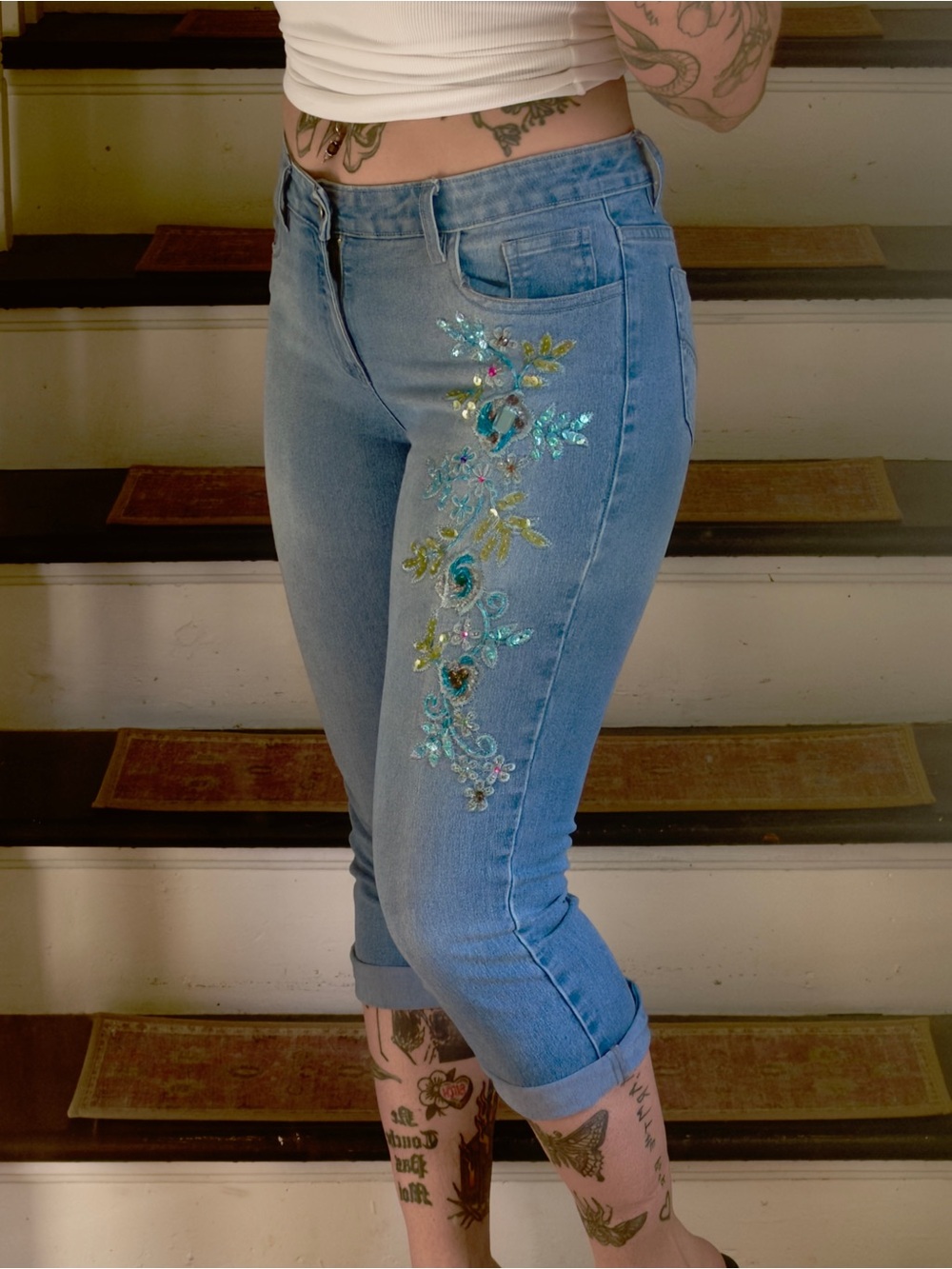 Boston Proper Light Blue Embroidered Cropped Jeans